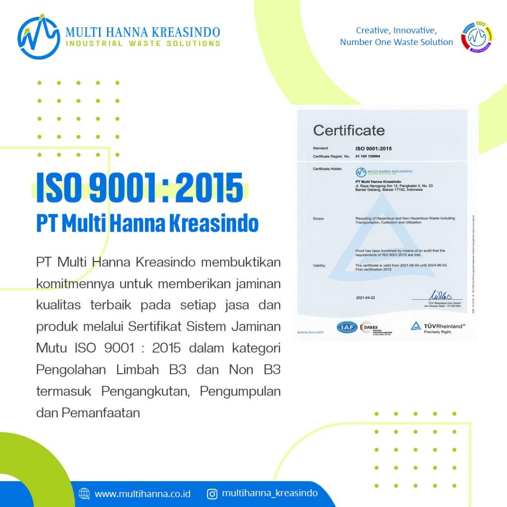 Sertifikat ISO 9001 2015 - PT Multi Hanna Kreasindo